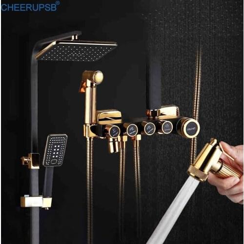 Black Shower Set Bathroom Wall Mount Copper Shower System Hot Cold Mixer Bath Faucet Square Spray SPA Rainfall White Tap Grifo