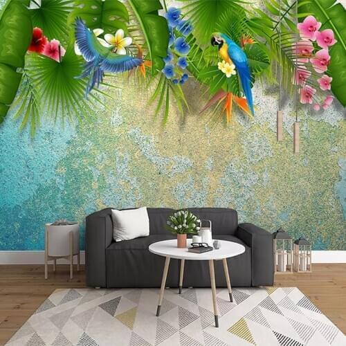 Custom Photo Wall Paper Mural 3D Nordic Green Leaf Parrot Flowers Birds Living Room Sofa TV Background Wall Decoration Painting