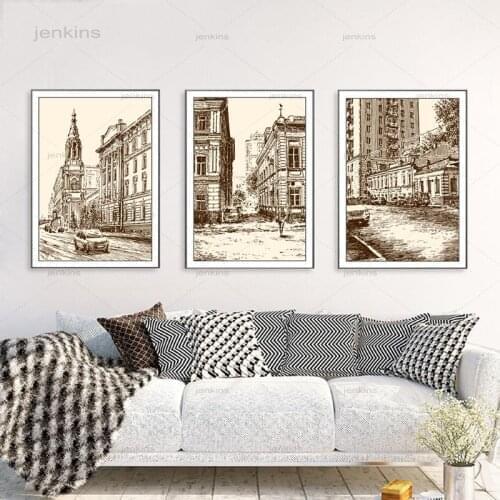 Russia Moscow City Street Buildings View Prints Sketch Style Poster Summer Day Landscape Art Canvas Painting Home Wall Art Decor