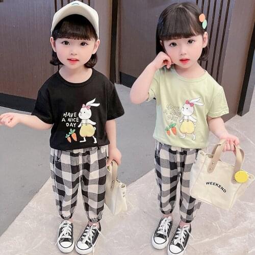 Summer Fashion Childrens Clothing Set 3 Colors Cute Rabbit Cartoon T-shirt + Plaid Trousers Suit 1-6 Years Toddler Girl Clothes