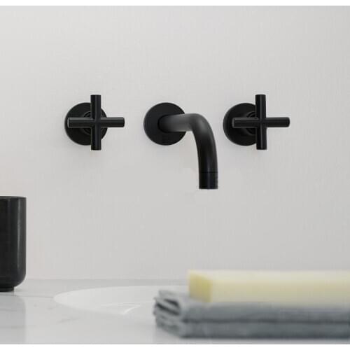 Matt Black Brass Double Handle Wall Mounted Bathroom Sink Faucet Hot And Cold Basin Faucet Black Tap