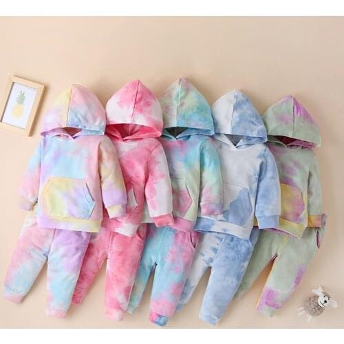 Fashion Toddler Newborn Baby Girls Clothes Sets Tie Dye Print Hooded Pocket Sweatshirt Pants 2pcs Outfits Baby Tracksuit Sets