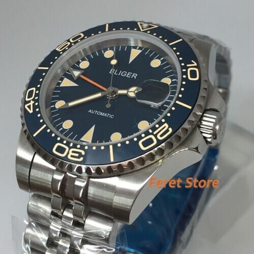 Bliger 40mm silver stainless case mens watch sapphire glass orange GMT ceramic bezel blue dial Luminous automatic watch