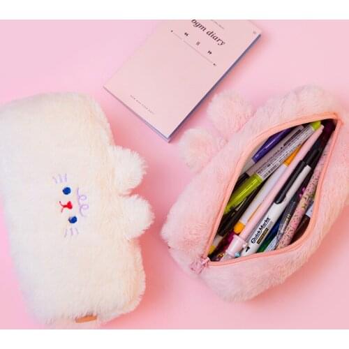 2021 New Fashion Flannel Soft Cute Beer Pencil Case Girls Make Up Coin Purse School Student Pen Bag Winter PLush Christmas Gift
