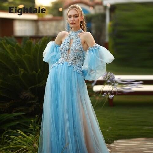 Eightale Sky Blue Prom Dress 2021 High Neck Appliques Beaded Puff Sleeves Evening Gown for Party Graduation Vestido de festa
