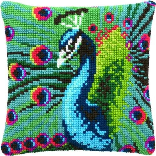 Cross Stitch Cushion Front Colorful Peacock Needlepoint Kits Printed Canvas Chunky Yarn Cross-stitch Pillow Case Arts & Crafts