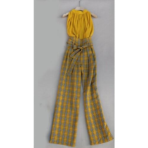Summer Popular Chiffon Tank Tops + Sashes Wrap High Waist Plaid Pants Office Lady Top Trousers One Set
