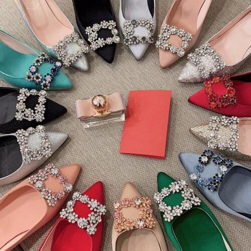 Womens Genuine leather rhinestones Bouquet Strass Buckle Pumps Satin High Heels Silver Green evening dinner party silk shoes