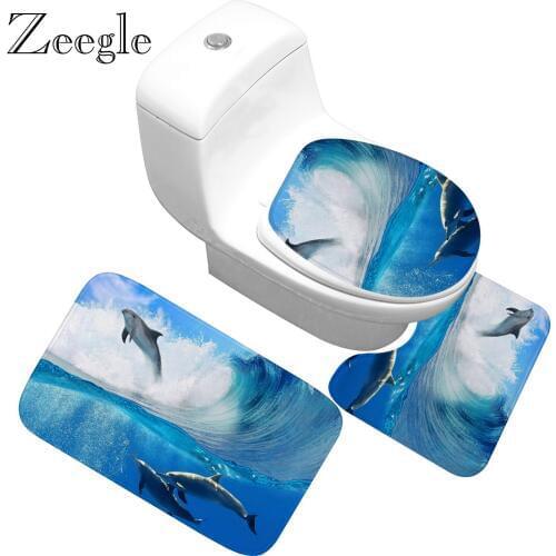 Zeegle Bathroom Rug Set Non-slip Toilet Bath Mats Washable Toilet Mat 3pcs/set Bathroom Set Mat Printed Absorbent Foot Rug