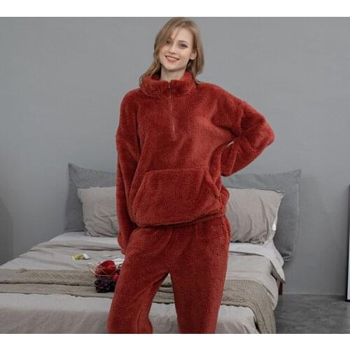 2021 Women Flannel Winter Warm Pajamas Two Piece Set Coral Velvet Sleepwear Female Plus Size Homewear