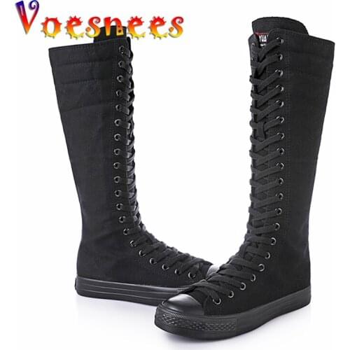 Women Boots 2019 Spring High Long Tube Cheerleaders Dance Shoes Front Tie Side Zipper Canvas Casual Female Flat with Shoes