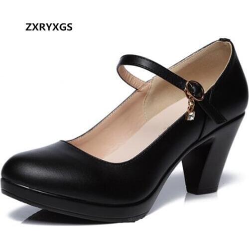 2019 Newest Elegant Fashion Black Spring Shoes Woman High Heel Shoes Shoes Size 32-43 Genuine Leather Shoes High Heels 6 & 8 Cm