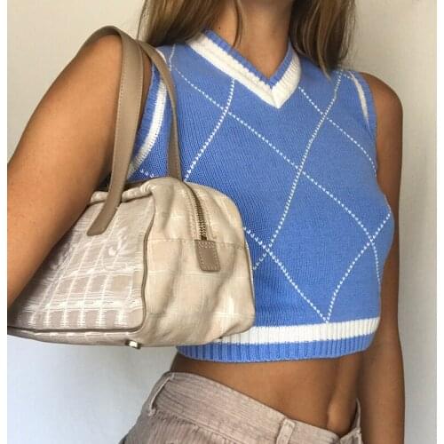 Womens Sexy Knitted Sweater Vest Sleeveless V-neck Argyle Rib Slim Tank Top Ladies Wild Autumn Daily Streetwear Waistcoat