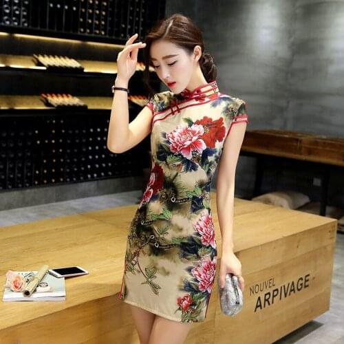 Hot Sale Ladies Print Satin Cheongsam Chinese Style Short Qipao Summer Formal Dress Novelty National Dress S-3XL