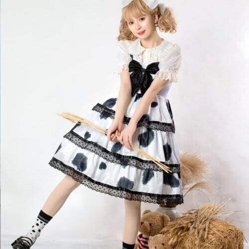 Japanese Lolita Style Gothic White Women Dress Summer Soft Girly ChildrenS Kawaii Vintage Ruffle Bow Jsk Cows Princess Dresses