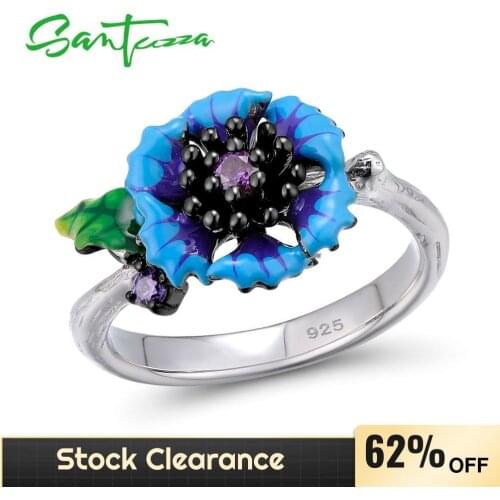 SANTUZZA Silver Ring For Women 925 Sterling Silver Fantastic Blue Daisy Flower Floral Ring Fashion Jewelry Handmade Enamel