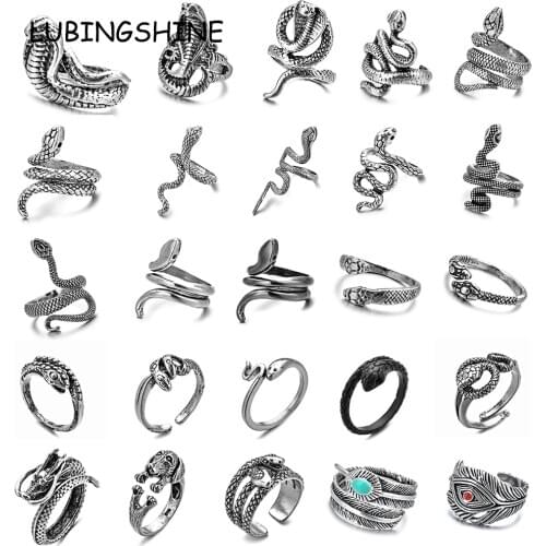 100pcs/lot Vintage Punk Snake Ring for Men Women Exaggerated Antique Siver Color Open Adjustable Rings Jewelry Gift