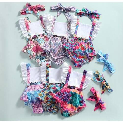 Toddler Baby Girl Lovely Clothes Suits 2pcs Casual Fly Sleeve Romper Fish Scales Print Backless Bandage Jumpsuits and Headband