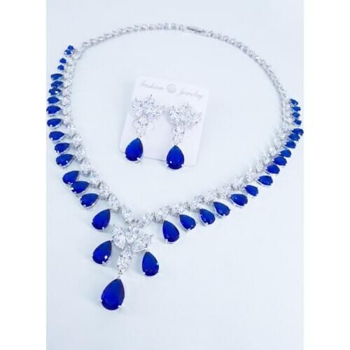 2021 new fashion luxury elegant retro blue little water drop zircon necklace earringset,wedding bride dinner party dress jewelry