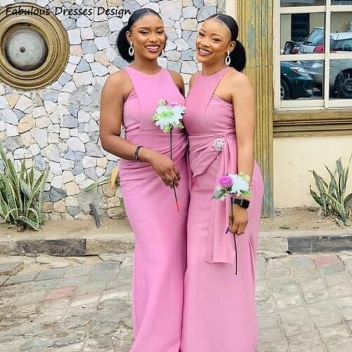 2021 Pink Mermaid Bridesmaid Dresses Long Applique Streamer O-neck African Nigerian Women Wedding Guest Dress Formal Party