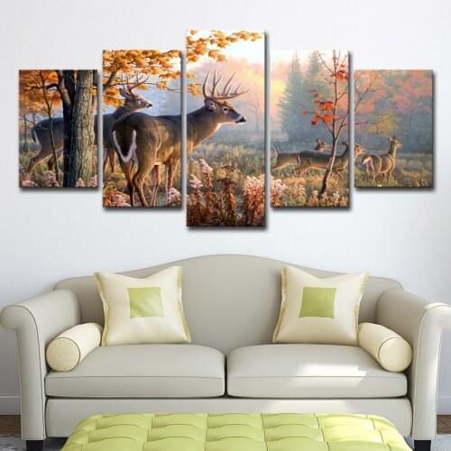 5 Pieces of Modern HD Printing Painting Art Modular Poster Forest Deer Landscape Home Decoration Living Room Picture Frameless