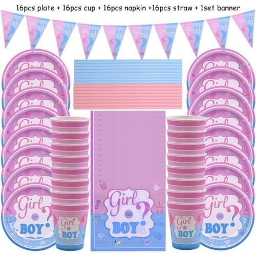 65Pcs Gender Reveal Disposable Tableware Set Boy Or Girl Plate Napkin Gender Reveal Baby Shower Party Decorations Supplies