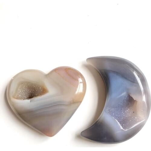 Agate geode heart and moon natural stone mineral crystals quartz healing gemstones decoration