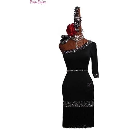 Black Latin Dance Fringe Dress For Women/Ladies Single Sleeve Salsa Dress Competition Clothes Latin Dresses