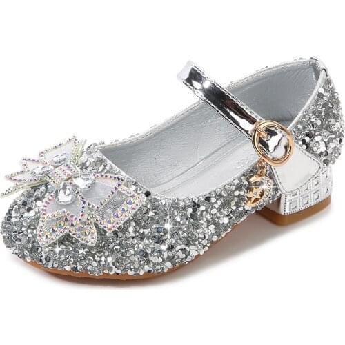Kids Dress Shoes Bow-tie with Rhinestone Children High Heels Girls Crystal Shoes for Wedding Princess for Dancing Ball Soft Hot