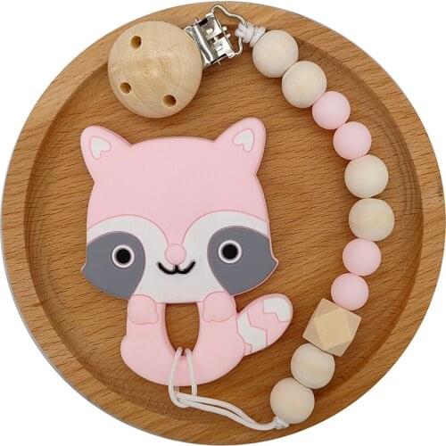 Raccoon Baby Teether Pacifier Clip Chain Set Silicone Teething Accessories Baby Silicone Chew Teething Pacifier Clip Holder