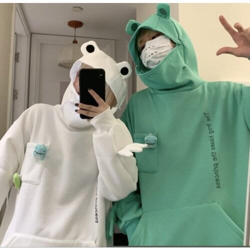 Women Men Long Sleeve Oversized Sweatshirt Harajuku Cute Frog Eyes Zip Up Hoodies Letters Embroidery Stuffed Toys Decor Pullover