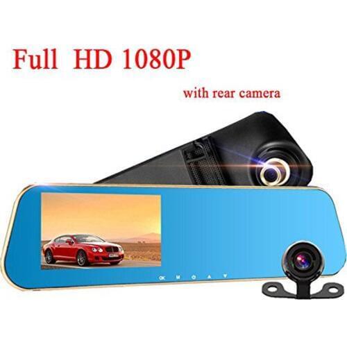 Double Recording Before And After Reversing HD 1080P 4.3 Inch Blue Screen Rearview Mirror Rriving Recorder