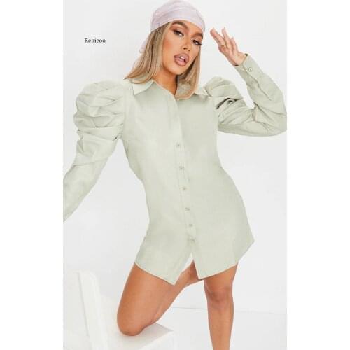 Cotton puff sleeve shirt dress Women long sleeve turn-down collar button up mini dress Solid green pink white clothes