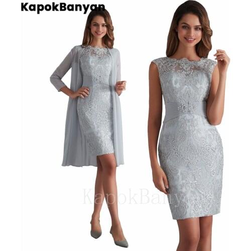 2 Pieces Lace Mother of the Bride Dress with Chiffon Coat Knee Length Elegant Suits for Women