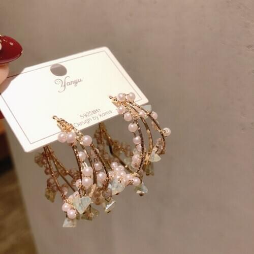 Multi-layer Pearl Hoop Earrings Circle Ear Rings Pendant Simple Green Crystal Earrings For Female Wedding Jewerly Gift