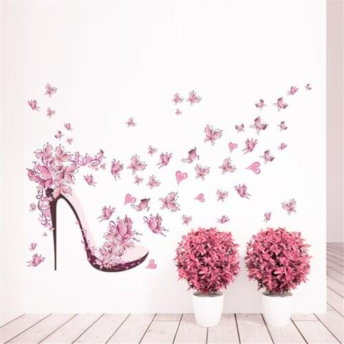 Fashion High Heel Shoes Flying Butterflies Heart Flower Wall Sticker PVC Decals Girls Room Decor Poster Home Decor