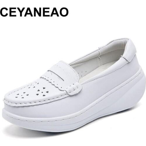CEYANEAOAutumn New Womens White Hollow Out Breathable Soft Soles Leisure Shoes Mother Leather Fashion Anti-skid Outdoor Walking