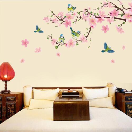 New Pink Peach Blossoms Birds Flower Wall Sticker Aniaml Living Room TV wall Decoration Nature Wall Posters Glass Decal Art