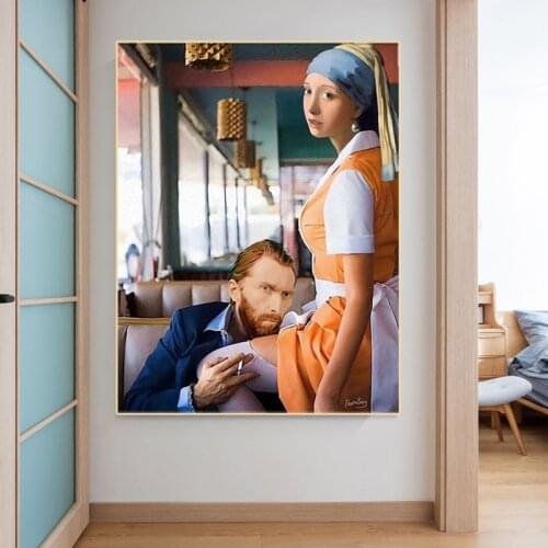 Waiter Pearl Girl with Man Portrait Canvas Painting on The Wall Posters and Prints Modern Wall Art Picture Living Room Decor