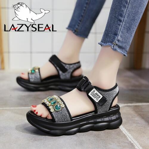 LazySeal Crystals Platform Women Sandals Fashion Gemston Hook & Loop Bling Leather Thick Soled Beach Sandal Chunky Woman Shoes