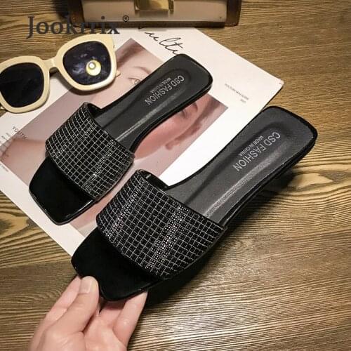 2021 Summer Women Slippers Adult Slides PU Fashion With diamond Soft Sole Brand Outside Flat Low Heel Leisure Lady Shoes 35-42