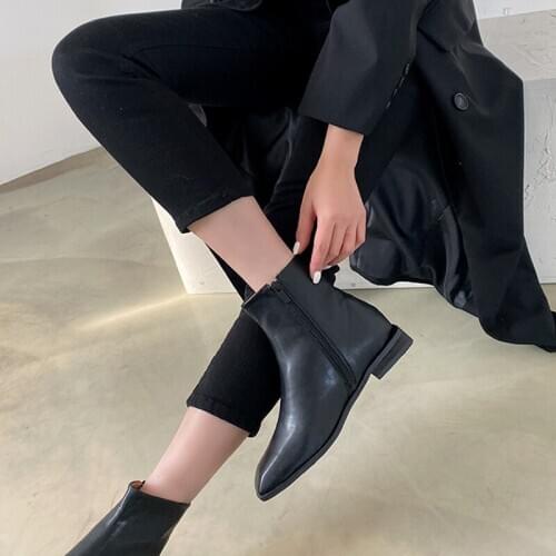 All-match Square Toe Thick Heel Boots Women 2020 Autumn and Winter Leather Mid-heel Fashion Short Boots Size 33-42