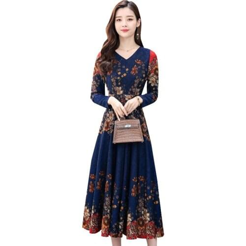 Spring Autumn Dress Women New Vintage Print Long Sleeve Party Dress Vestidos Slim Large Size 3XL Long Dress Women Clothing K941