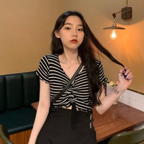 Top Summer New Short-sleeved T-shirt Womens V-neck Drawstring Ladies Thin Striped Knitted Bottoming Shirt