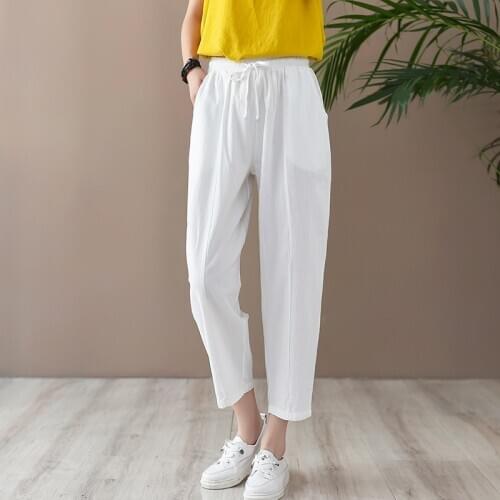 Aransue Cotton Line Radish Pants Women Literature And Rrt Elastic Waist Casual Trousers Loose Large Size Harem Pantalon