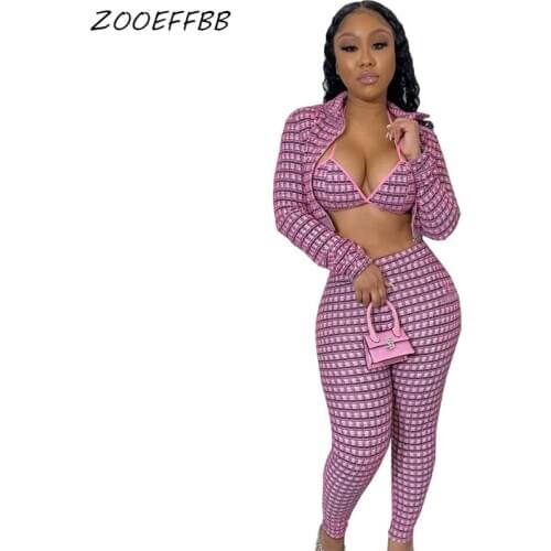 ZOOEFFBB Sexy Plaid 3 Piece Set Woman Festival Clothing Long Sleeve Coat+Bra+Pants Club Birthday Outfits for Women Matching Sets