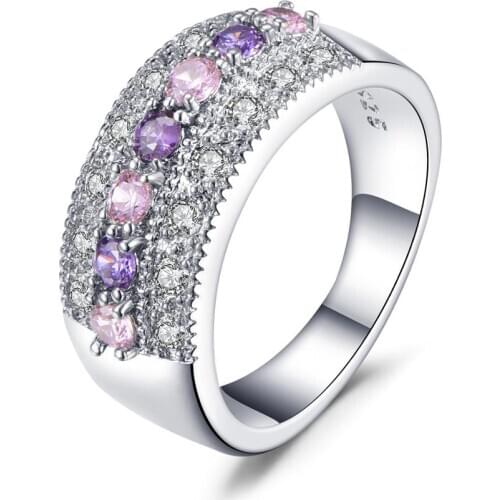 Luxury 925 Sterling Silver Ring Pink Crystal Zircon Ring For Woman Wedding Jewelry Gift