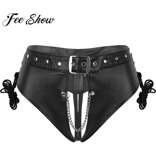 Women PU Leather Crotchless Briefs Lingerie Sexy Panties Underwear Punk Lace-up Underpants Nightclub Stage Performance Costumes