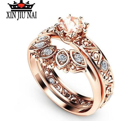 Vecalon 2-in-1 Female Flower Ring Rose Gold AAAAA Zircon Cz Engagement Wedding Band Rings For Women Bridal Gemstone Jewelry