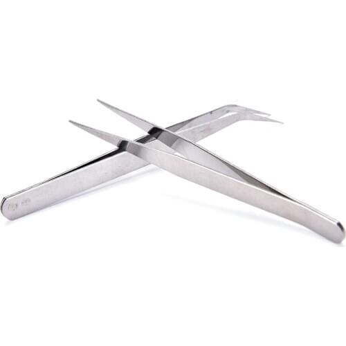 2Pcs Sliver Bend + Straight Stainless Steel Tweezers Industrial Anti-static Cross Tweezers Aquarium Tool Fish Tank Cleaning Tool
